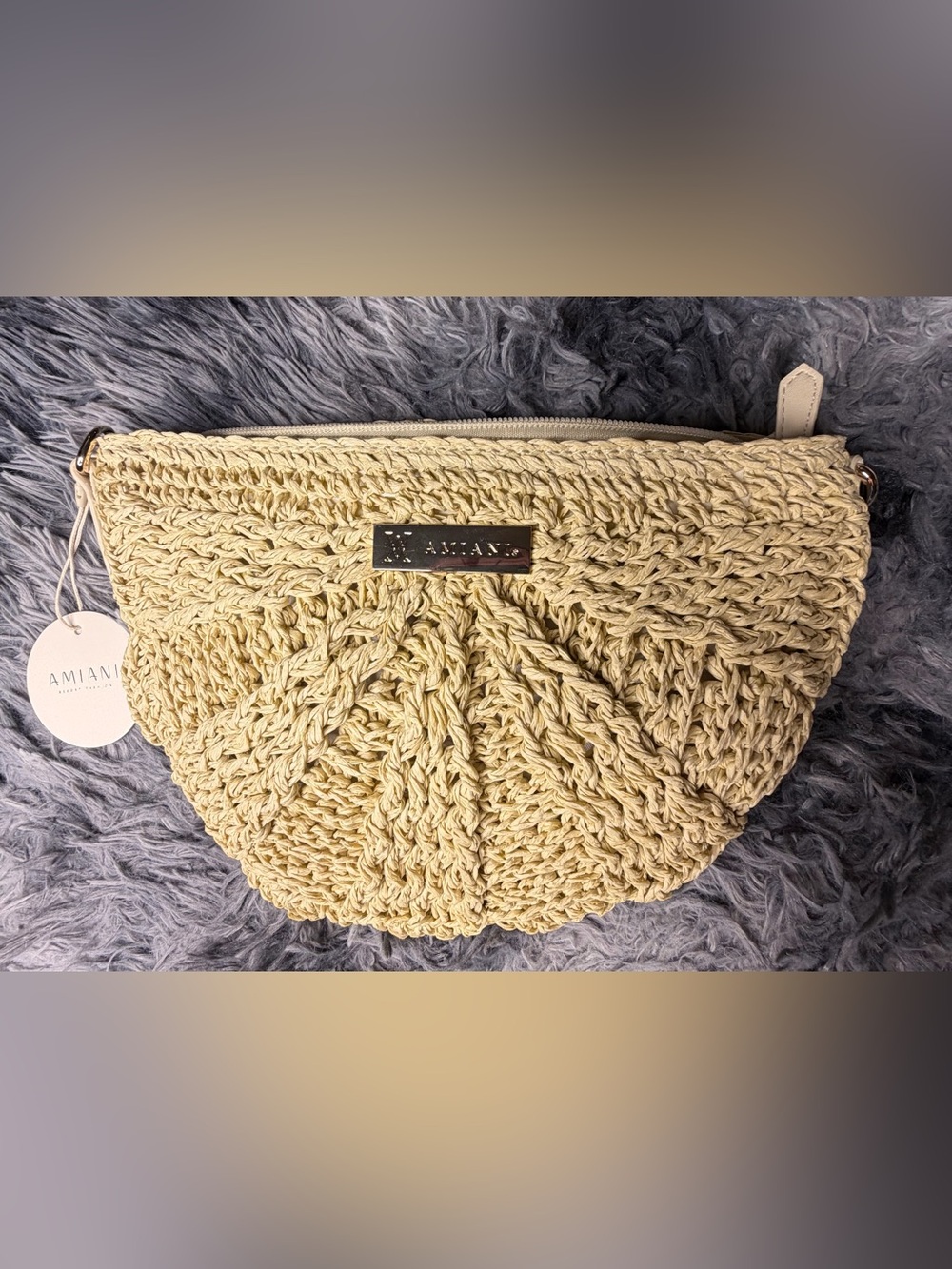Amiana Beige Handwoven Straw Wristlet Clutch